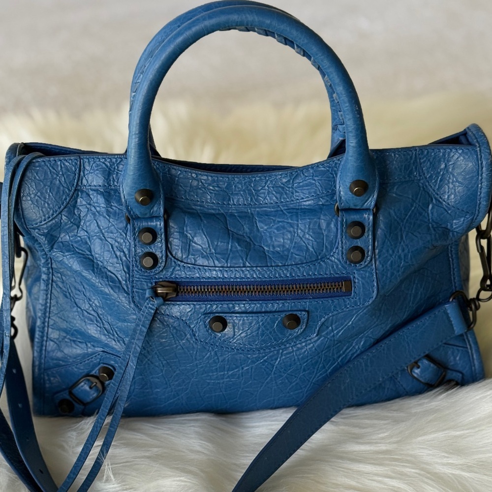 BALENCIAGA CITY BAG FRENCH BLUE W/CROSSBODY STRAP MOTORCYCLE BAG 2024 HTF COLOR